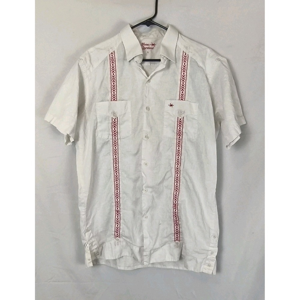 Texas Standard Tejas Guayabera Shirt SZ Large White Short Sleeve Linen Blend